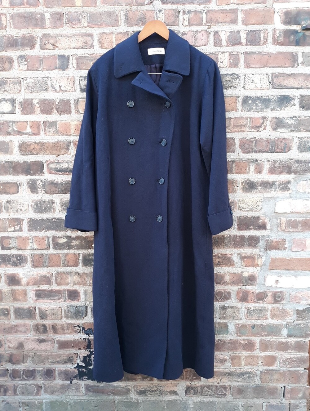 Calvin Klein Vintage 100% Merino Wool Trench Coat Womens 8 Navy Blue ILGWU Union